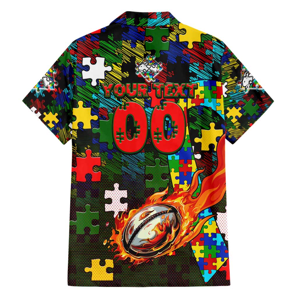Rabbitohs Autism Awareness Hawaiian Shirt Puzzle Flames Rugby Ball