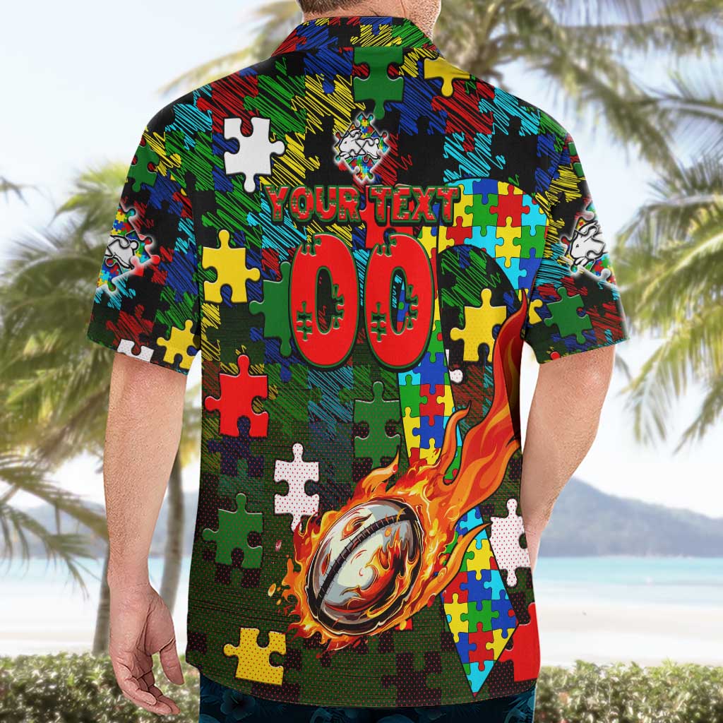 Rabbitohs Autism Awareness Hawaiian Shirt Puzzle Flames Rugby Ball