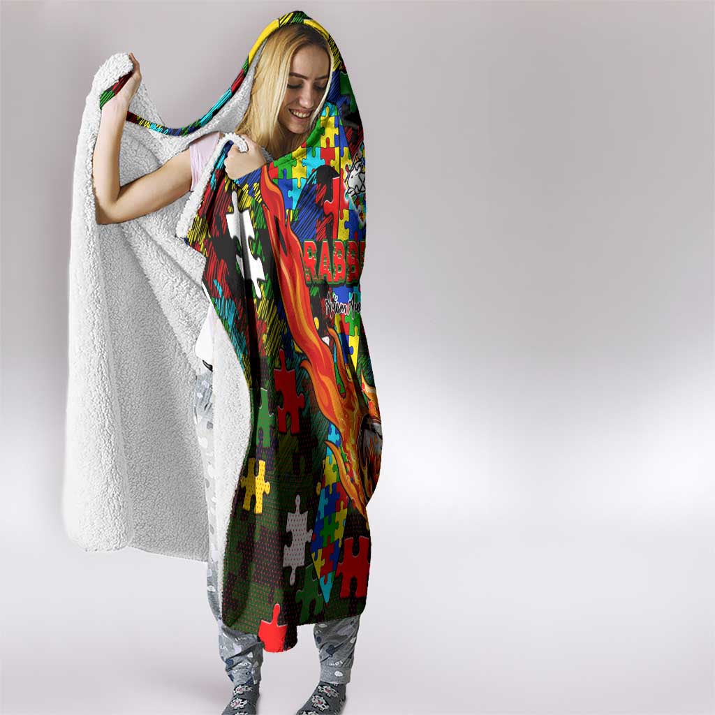 Rabbitohs Autism Awareness Hooded Blanket Puzzle Flames Rugby Ball