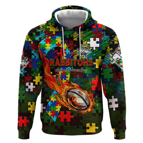 Rabbitohs Autism Awareness Hoodie Puzzle Flames Rugby Ball