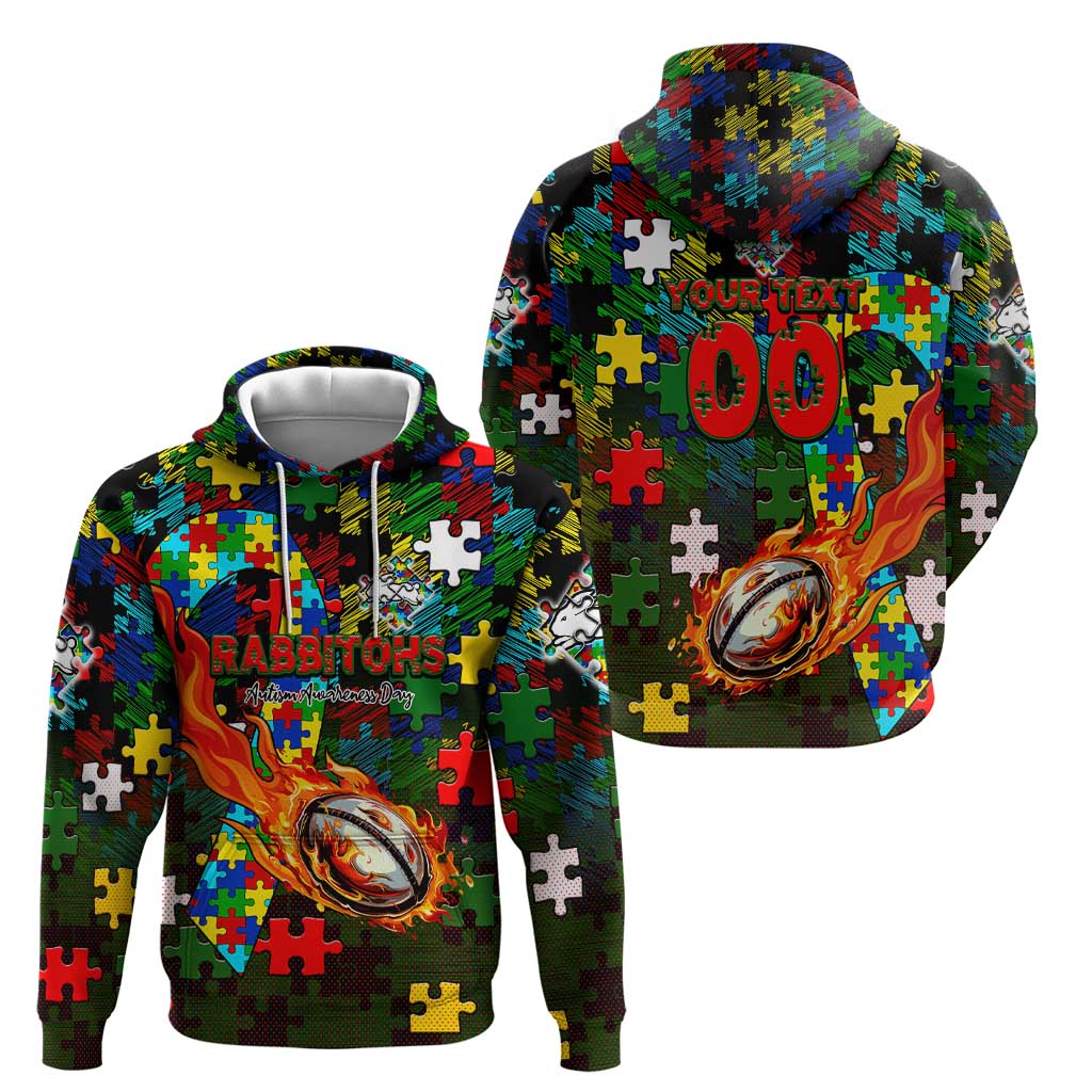 Rabbitohs Autism Awareness Hoodie Puzzle Flames Rugby Ball