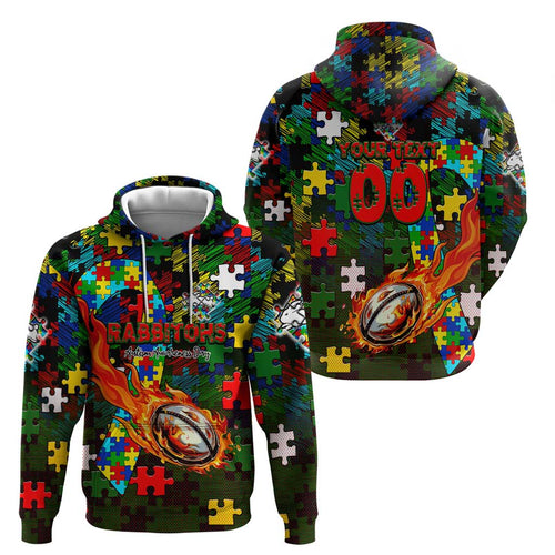 Rabbitohs Autism Awareness Hoodie Puzzle Flames Rugby Ball
