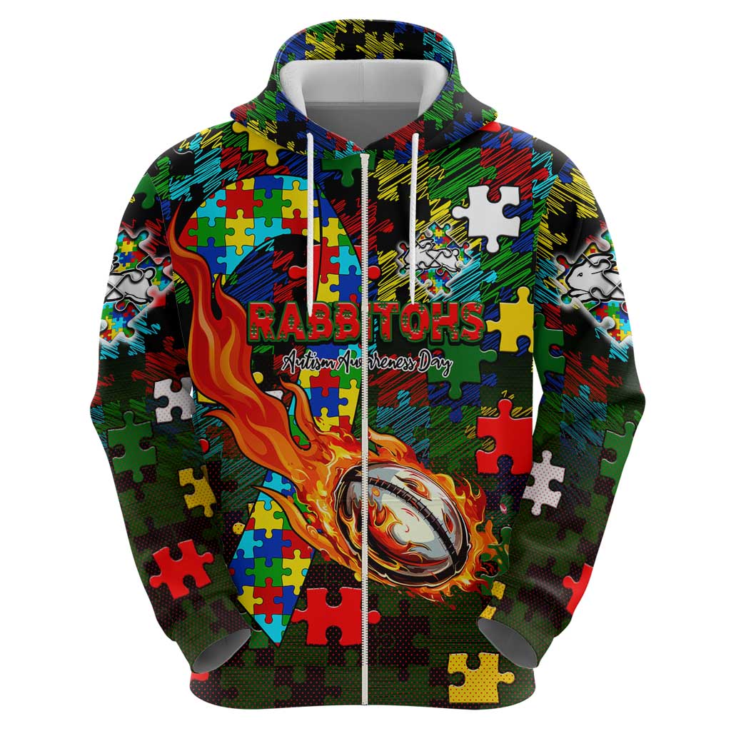 Rabbitohs Autism Awareness Hoodie Puzzle Flames Rugby Ball