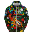 Rabbitohs Autism Awareness Hoodie Puzzle Flames Rugby Ball