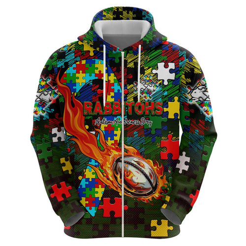Rabbitohs Autism Awareness Hoodie Puzzle Flames Rugby Ball