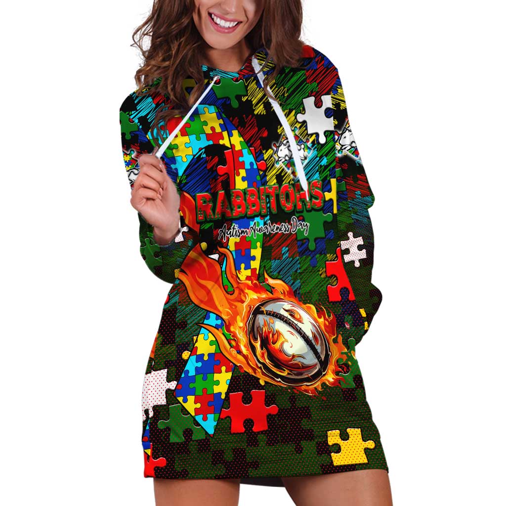 Rabbitohs Autism Awareness Hoodie Dress Puzzle Flames Rugby Ball