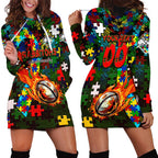 Rabbitohs Autism Awareness Hoodie Dress Puzzle Flames Rugby Ball