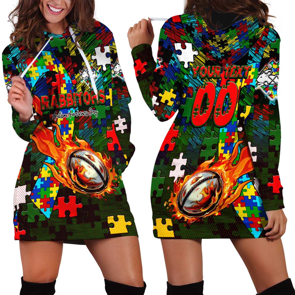 Rabbitohs Autism Awareness Hoodie Dress Puzzle Flames Rugby Ball
