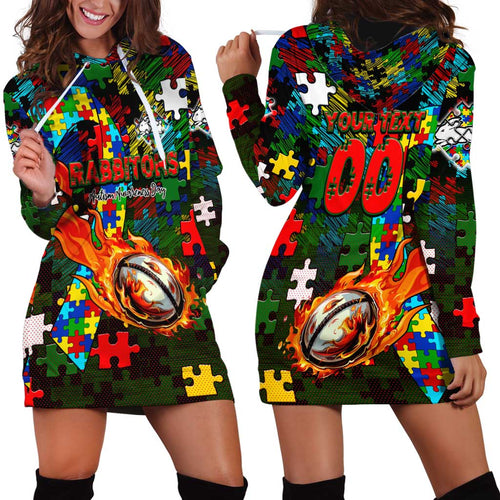 Rabbitohs Autism Awareness Hoodie Dress Puzzle Flames Rugby Ball