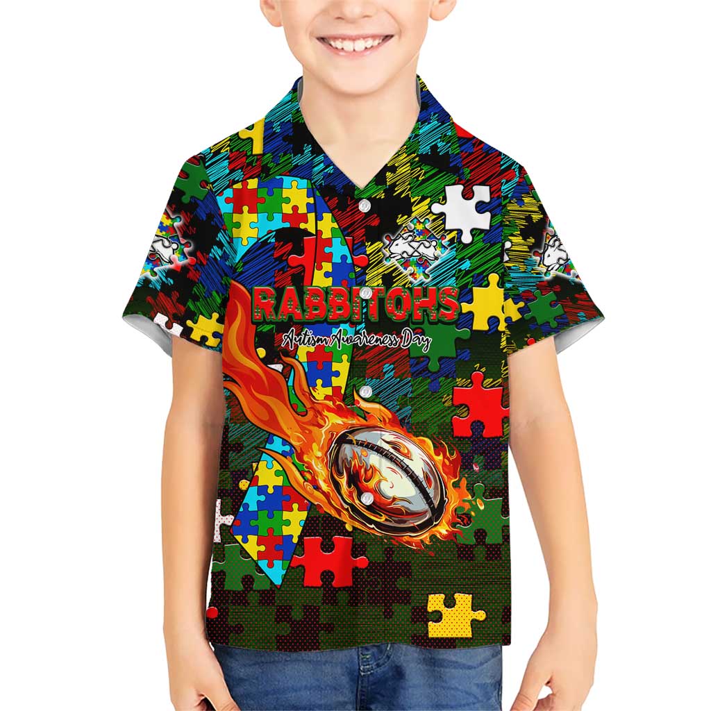 Rabbitohs Autism Awareness Kid Hawaiian Shirt Puzzle Flames Rugby Ball