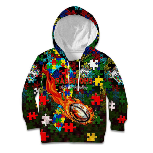 Rabbitohs Autism Awareness Kid Hoodie Puzzle Flames Rugby Ball