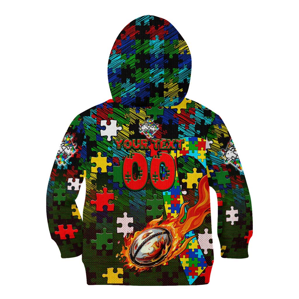 Rabbitohs Autism Awareness Kid Hoodie Puzzle Flames Rugby Ball