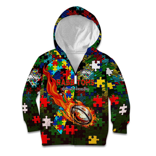Rabbitohs Autism Awareness Kid Hoodie Puzzle Flames Rugby Ball
