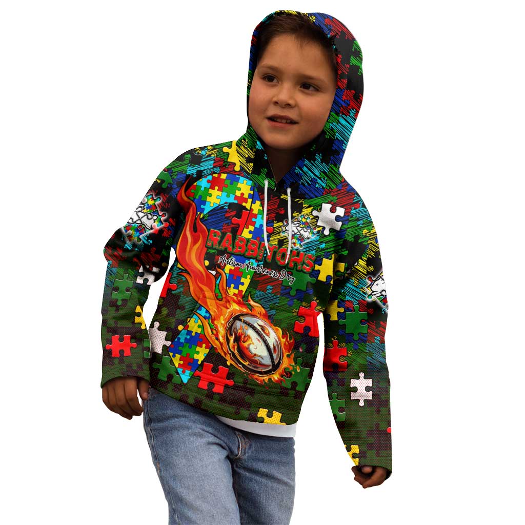 Rabbitohs Autism Awareness Kid Hoodie Puzzle Flames Rugby Ball