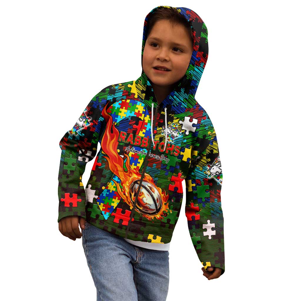 Rabbitohs Autism Awareness Kid Hoodie Puzzle Flames Rugby Ball