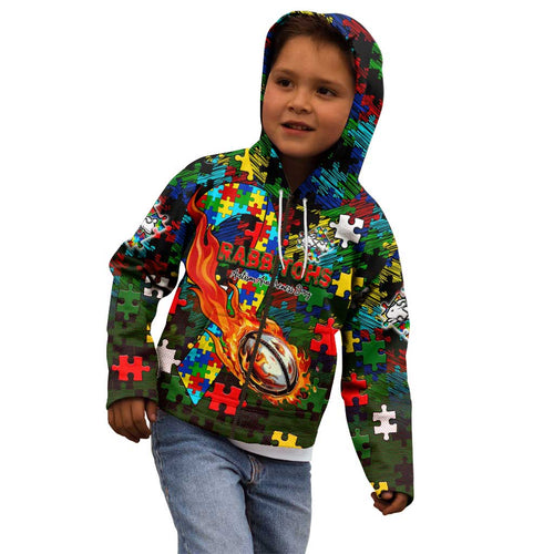 Rabbitohs Autism Awareness Kid Hoodie Puzzle Flames Rugby Ball
