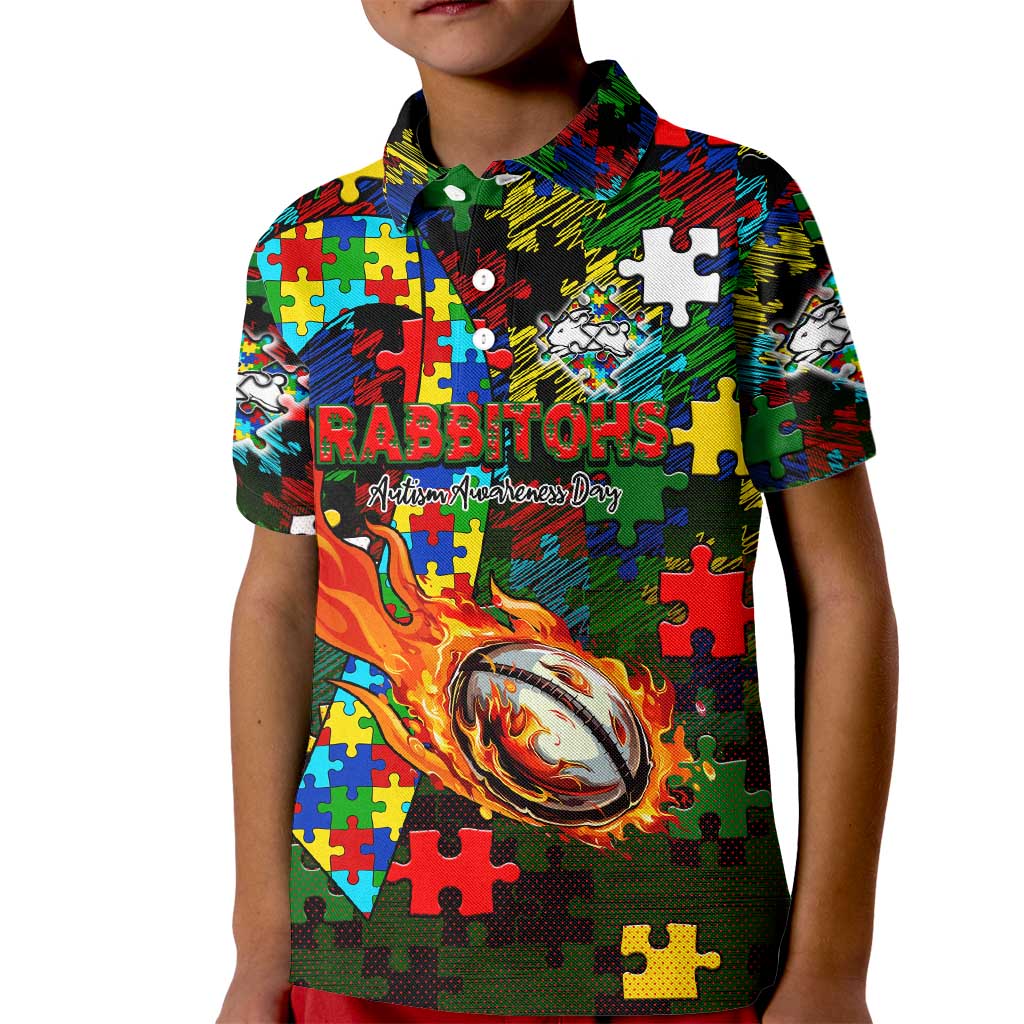 Rabbitohs Autism Awareness Kid Polo Shirt Puzzle Flames Rugby Ball