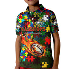 Rabbitohs Autism Awareness Kid Polo Shirt Puzzle Flames Rugby Ball