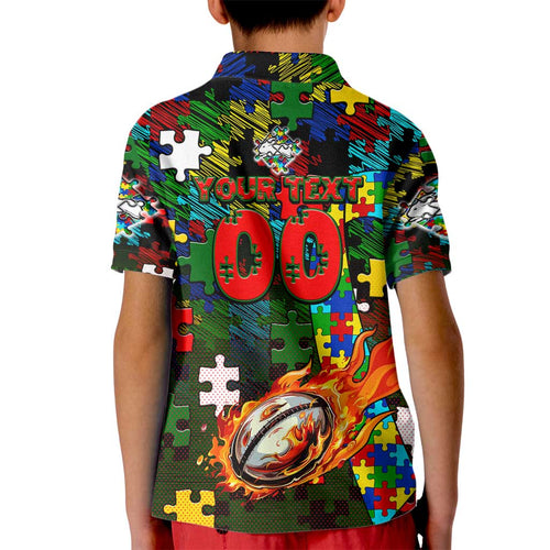 Rabbitohs Autism Awareness Kid Polo Shirt Puzzle Flames Rugby Ball