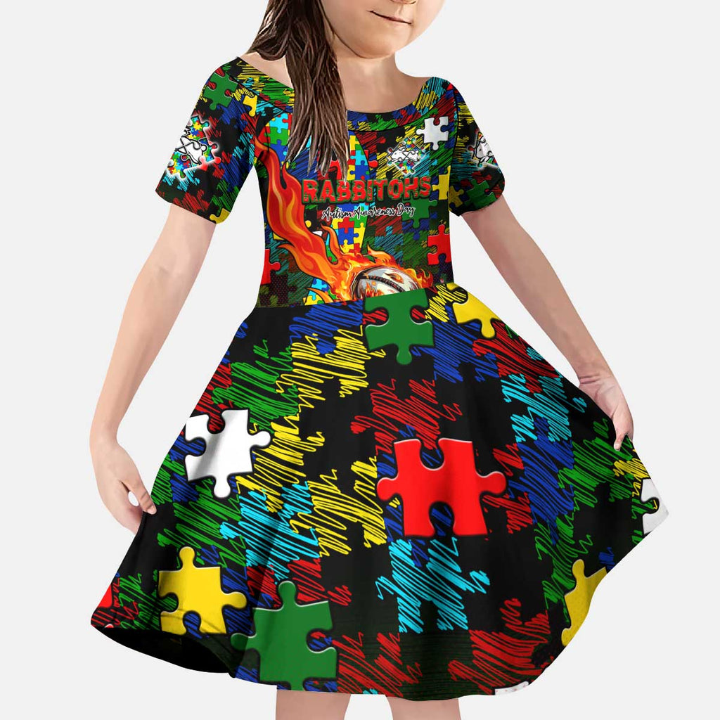 Rabbitohs Autism Awareness Kid Short Sleeve Dress Puzzle Flames Rugby Ball