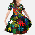 Rabbitohs Autism Awareness Kid Short Sleeve Dress Puzzle Flames Rugby Ball