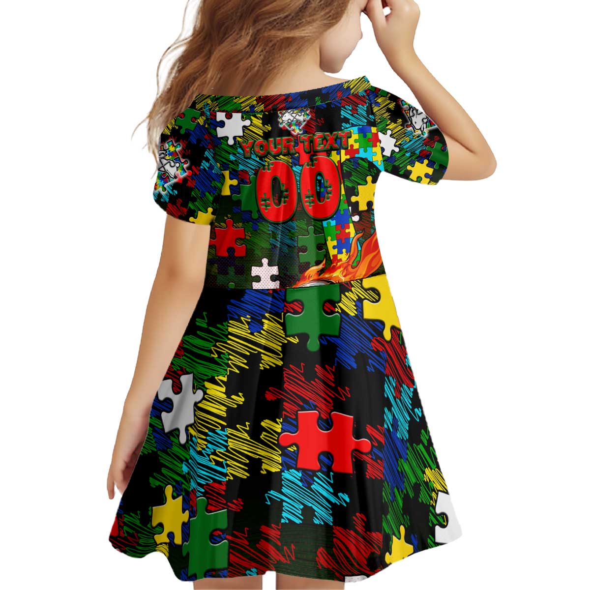 Rabbitohs Autism Awareness Kid Short Sleeve Dress Puzzle Flames Rugby Ball