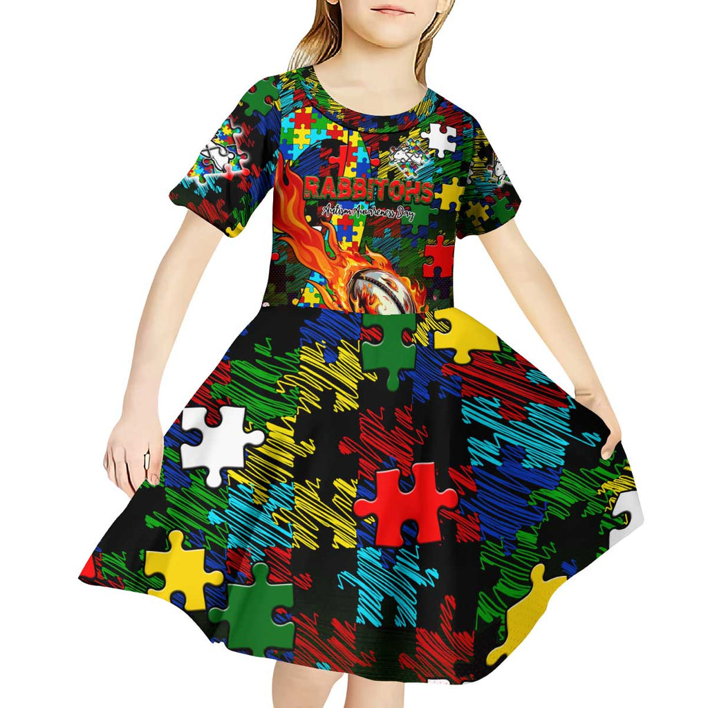 Rabbitohs Autism Awareness Kid Short Sleeve Dress Puzzle Flames Rugby Ball