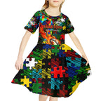 Rabbitohs Autism Awareness Kid Short Sleeve Dress Puzzle Flames Rugby Ball