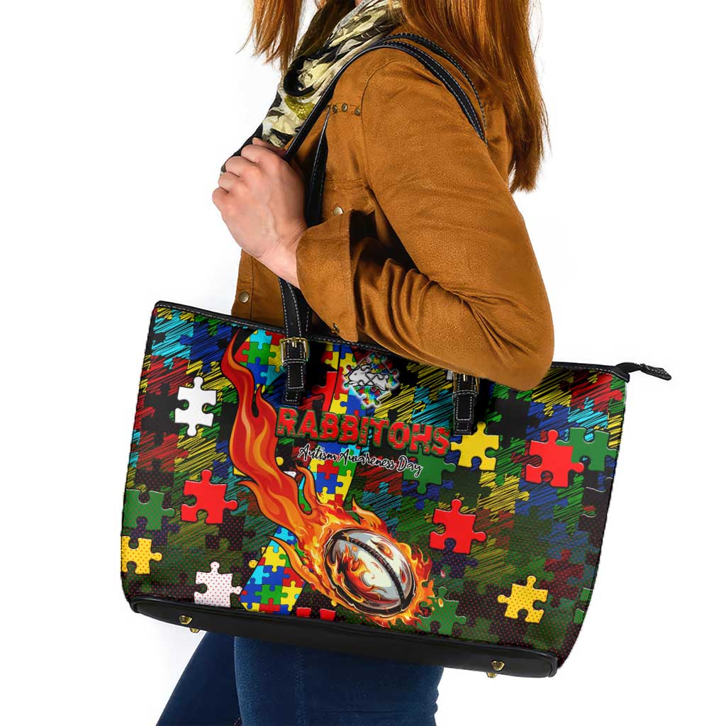 Rabbitohs Autism Awareness Leather Tote Bag Puzzle Flames Rugby Ball