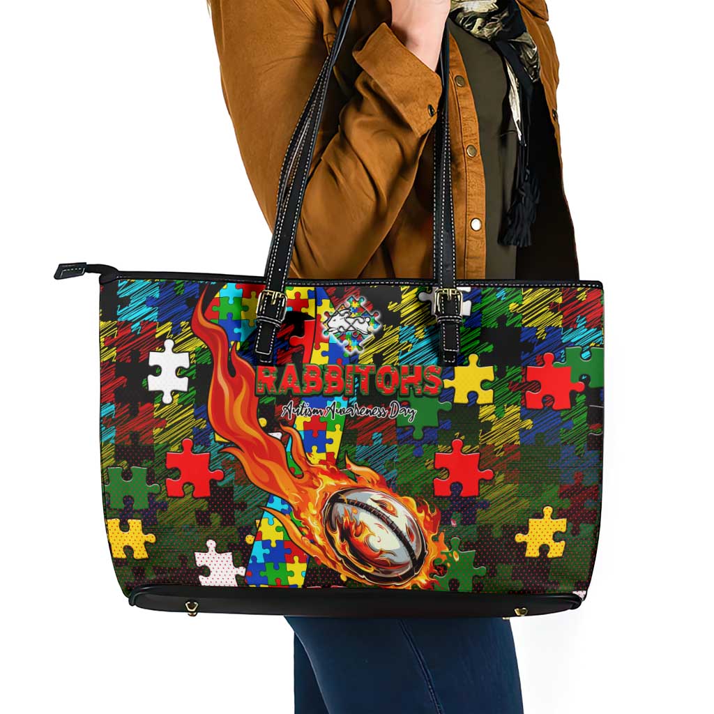 Rabbitohs Autism Awareness Leather Tote Bag Puzzle Flames Rugby Ball
