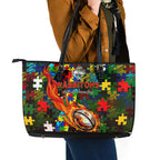 Rabbitohs Autism Awareness Leather Tote Bag Puzzle Flames Rugby Ball