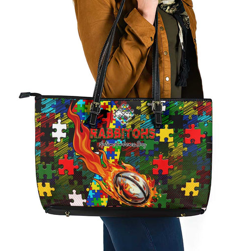 Rabbitohs Autism Awareness Leather Tote Bag Puzzle Flames Rugby Ball
