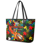 Rabbitohs Autism Awareness Leather Tote Bag Puzzle Flames Rugby Ball