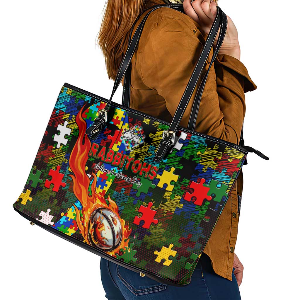 Rabbitohs Autism Awareness Leather Tote Bag Puzzle Flames Rugby Ball