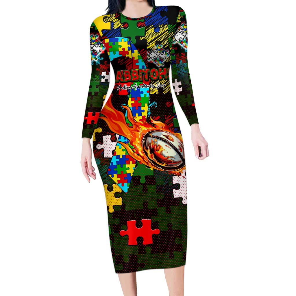 Rabbitohs Autism Awareness Long Sleeve Bodycon Dress Puzzle Flames Rugby Ball