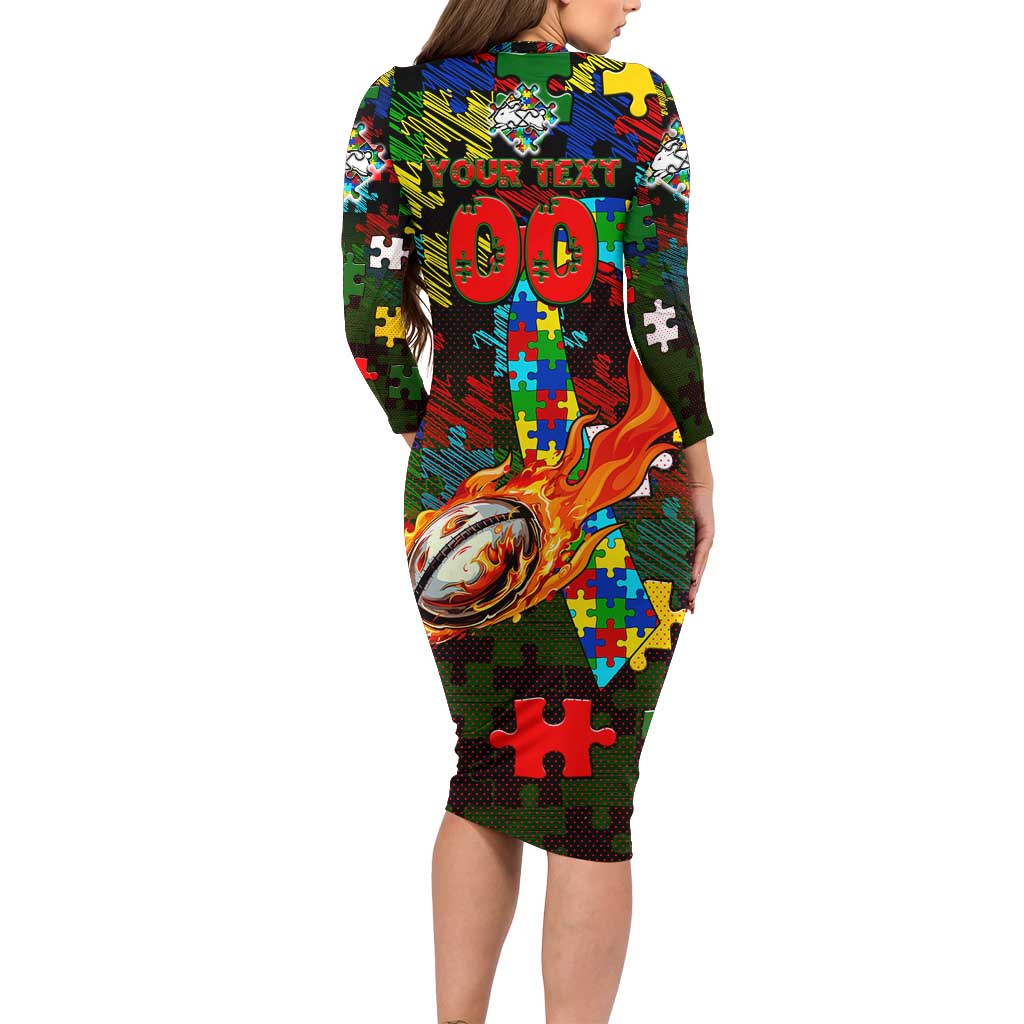 Rabbitohs Autism Awareness Long Sleeve Bodycon Dress Puzzle Flames Rugby Ball