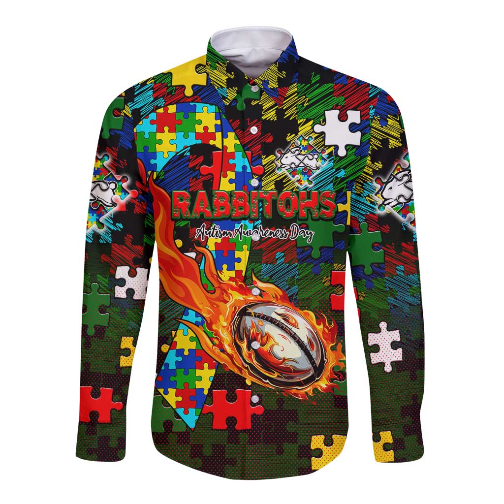 Rabbitohs Autism Awareness Long Sleeve Button Shirt Puzzle Flames Rugby Ball