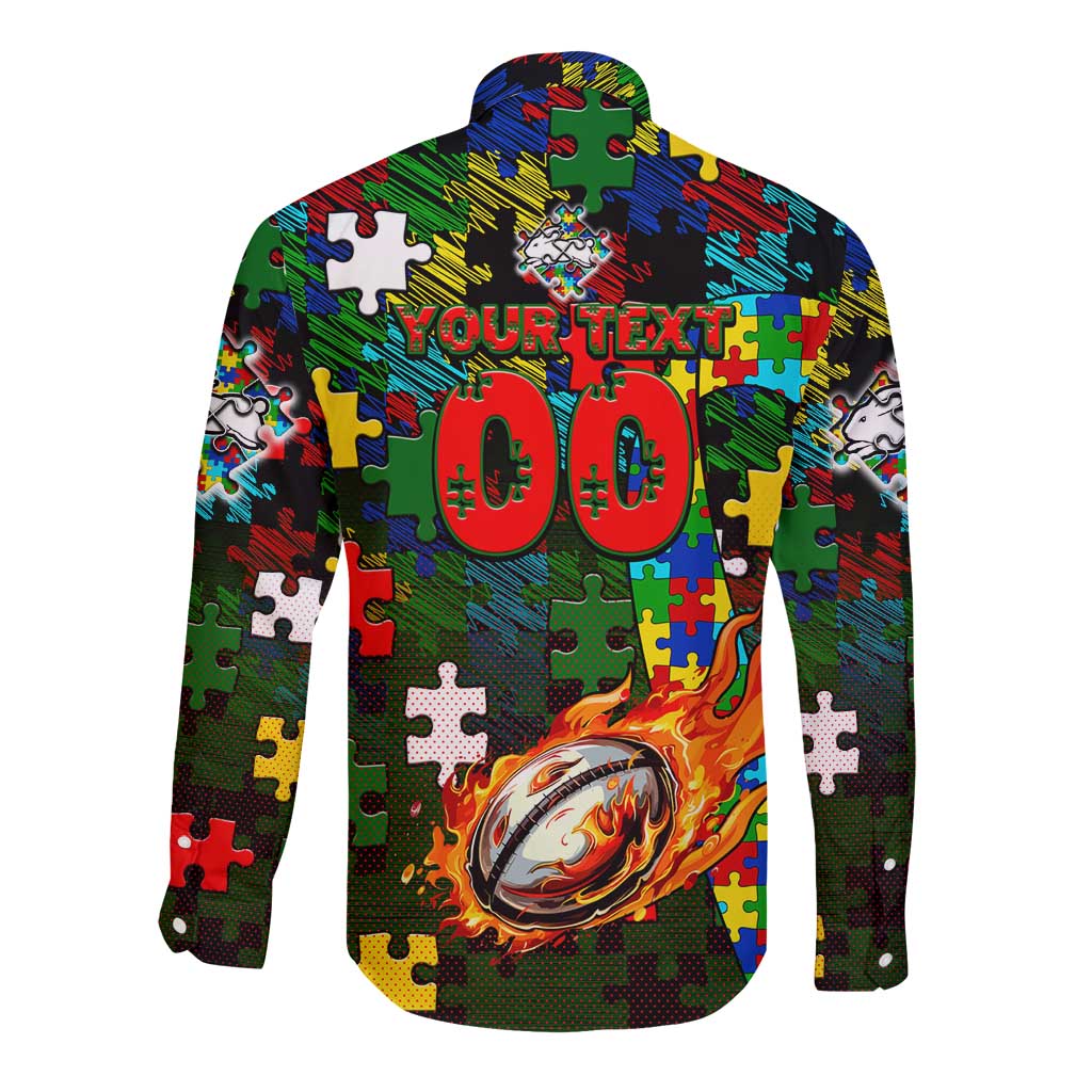 Rabbitohs Autism Awareness Long Sleeve Button Shirt Puzzle Flames Rugby Ball