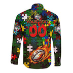 Rabbitohs Autism Awareness Long Sleeve Button Shirt Puzzle Flames Rugby Ball