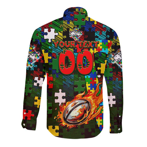 Rabbitohs Autism Awareness Long Sleeve Button Shirt Puzzle Flames Rugby Ball