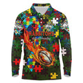 Rabbitohs Autism Awareness Long Sleeve Polo Shirt Puzzle Flames Rugby Ball