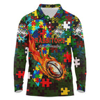 Rabbitohs Autism Awareness Long Sleeve Polo Shirt Puzzle Flames Rugby Ball