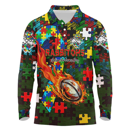 Rabbitohs Autism Awareness Long Sleeve Polo Shirt Puzzle Flames Rugby Ball