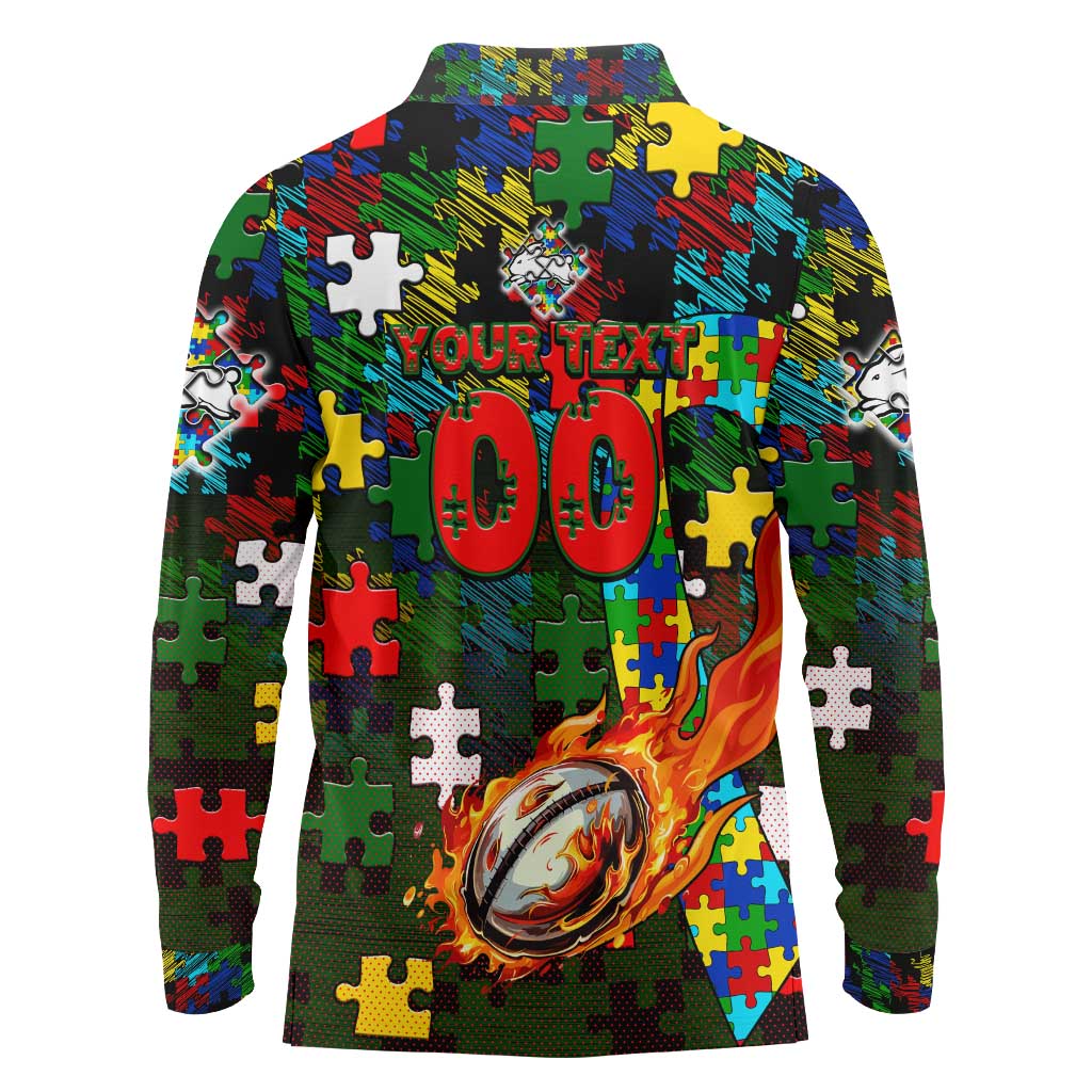 Rabbitohs Autism Awareness Long Sleeve Polo Shirt Puzzle Flames Rugby Ball