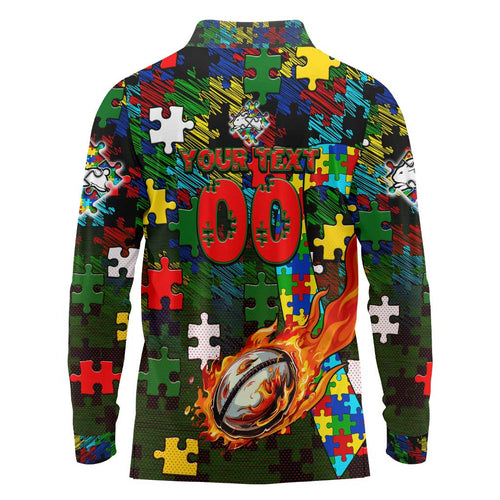 Rabbitohs Autism Awareness Long Sleeve Polo Shirt Puzzle Flames Rugby Ball