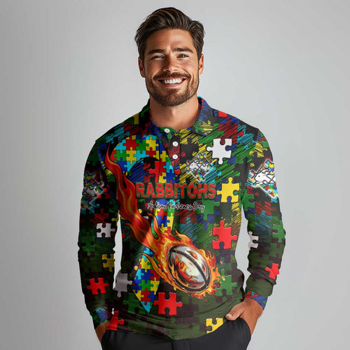 Rabbitohs Autism Awareness Long Sleeve Polo Shirt Puzzle Flames Rugby Ball