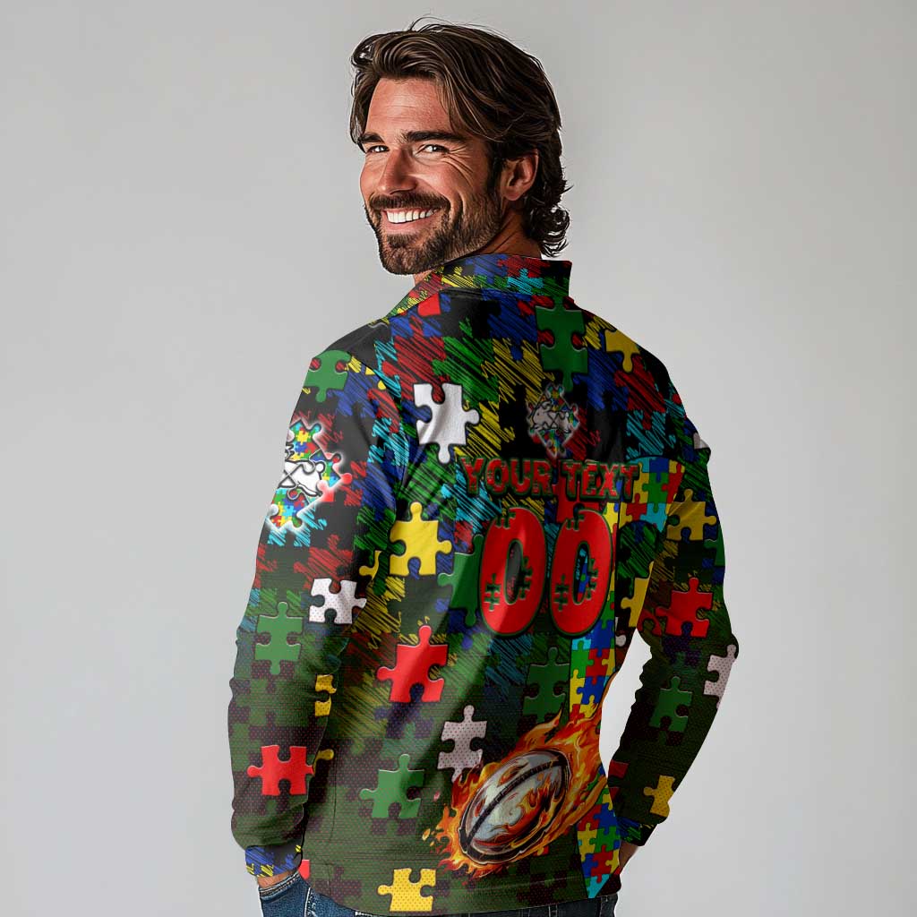 Rabbitohs Autism Awareness Long Sleeve Polo Shirt Puzzle Flames Rugby Ball