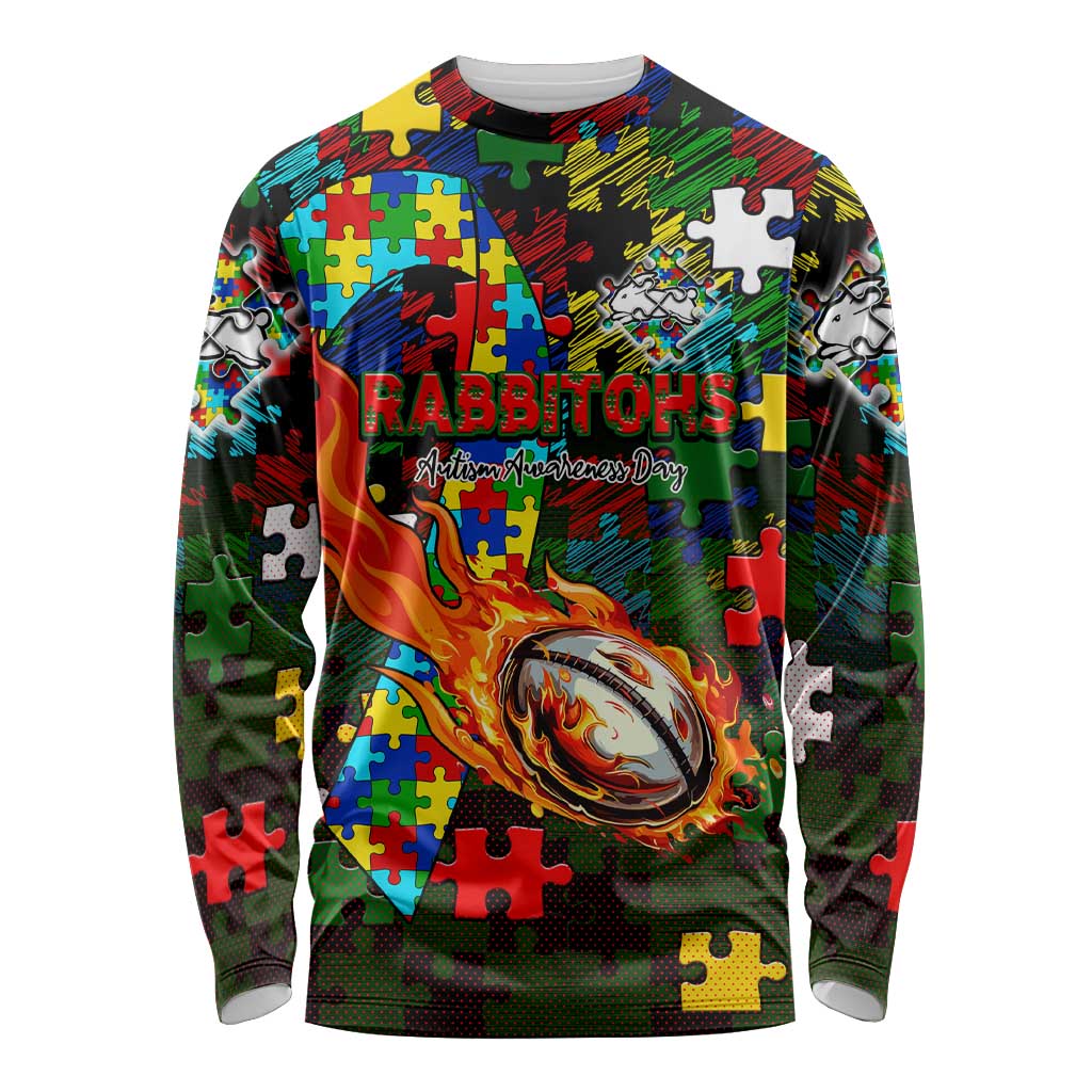 Rabbitohs Autism Awareness Long Sleeve Shirt Puzzle Flames Rugby Ball