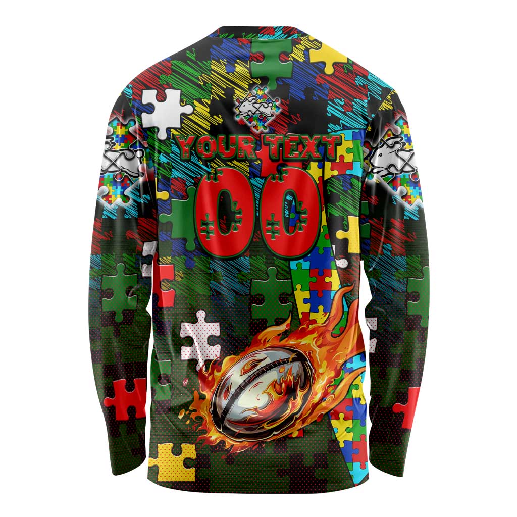 Rabbitohs Autism Awareness Long Sleeve Shirt Puzzle Flames Rugby Ball