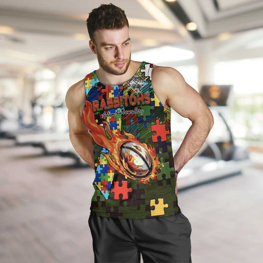 Rabbitohs Autism Awareness Men Tank Top Puzzle Flames Rugby Ball